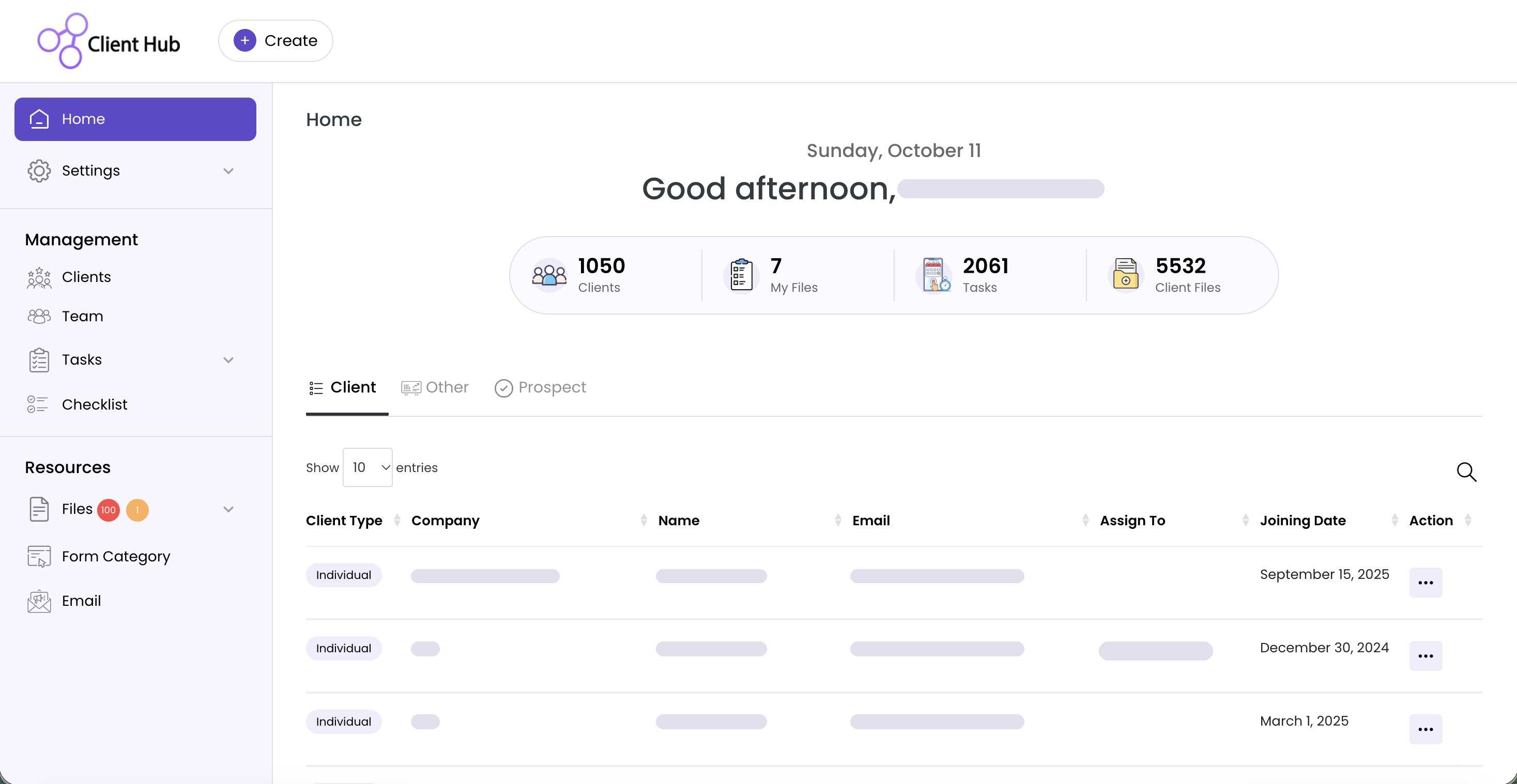 Tax Client Hub: Home dashboard