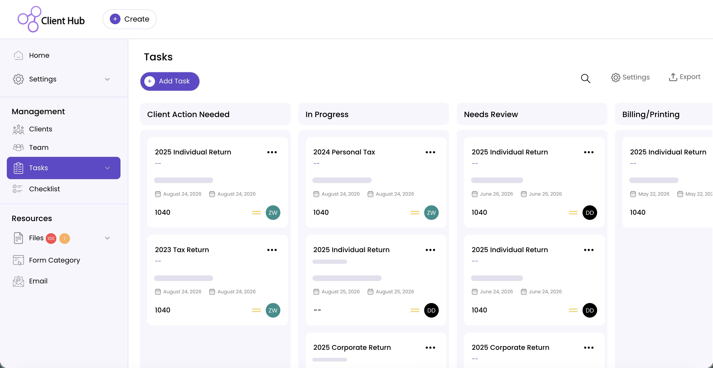 Tax Client Hub: Task board